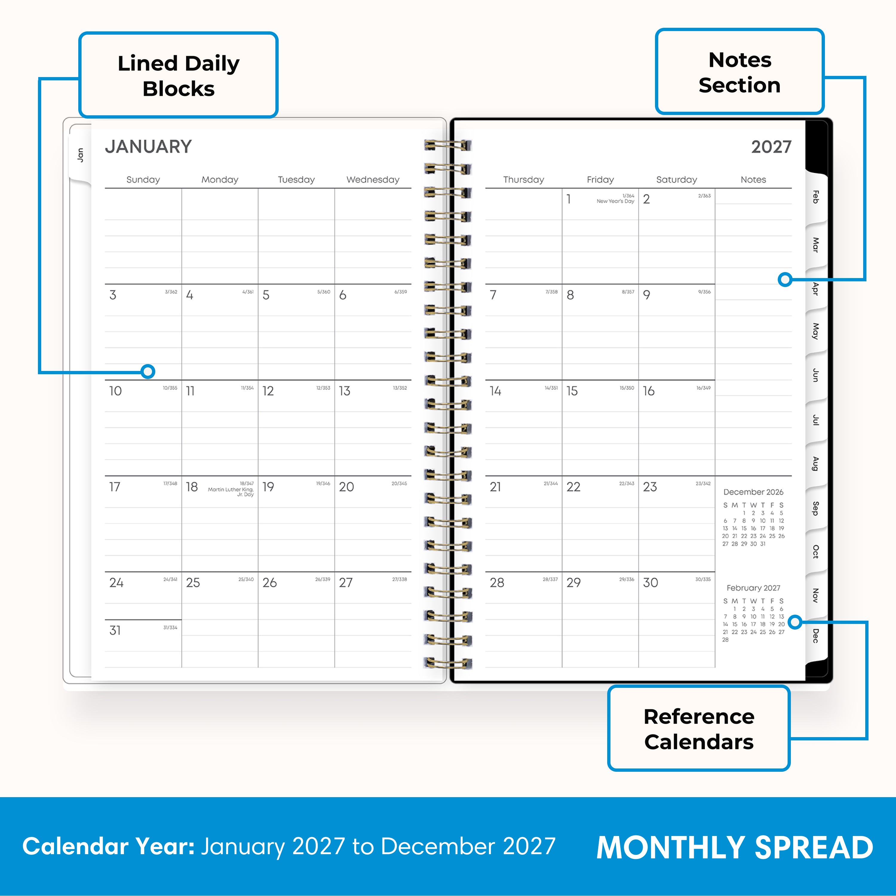 2027 monthly spread featuring ample lined writing space for each date, notes section, reference calendars, and monthly tabs