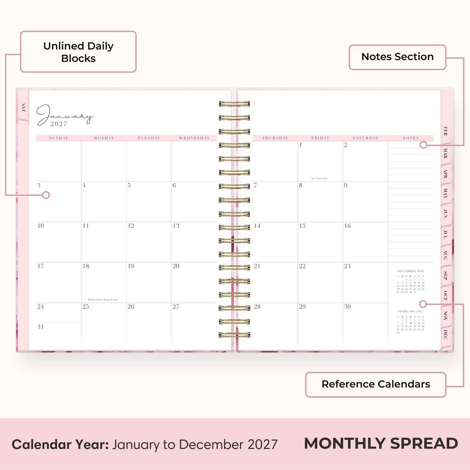 2027 monthly spread featuring ample lined writing space for each date, notes section, reference calendars, and monthly tabs
