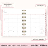 2027 monthly spread featuring ample lined writing space for each date, notes section, reference calendars, and monthly tabs