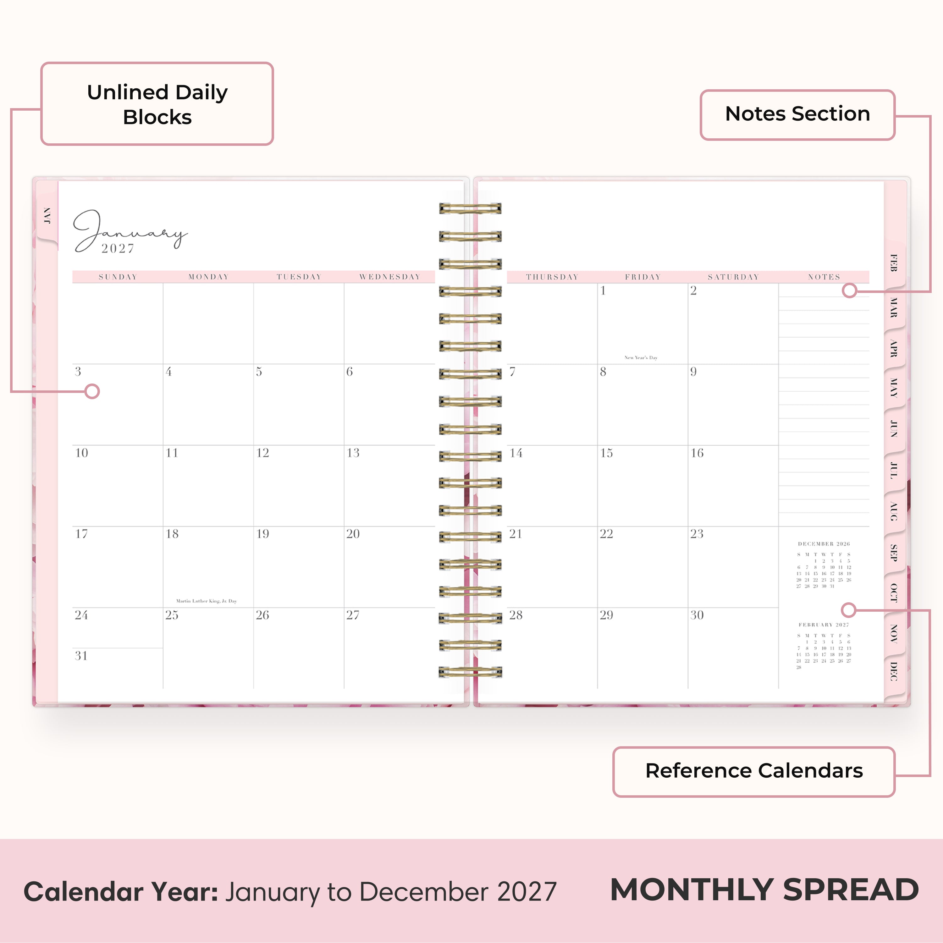 2027 monthly spread featuring ample lined writing space for each date, notes section, reference calendars, and monthly tabs