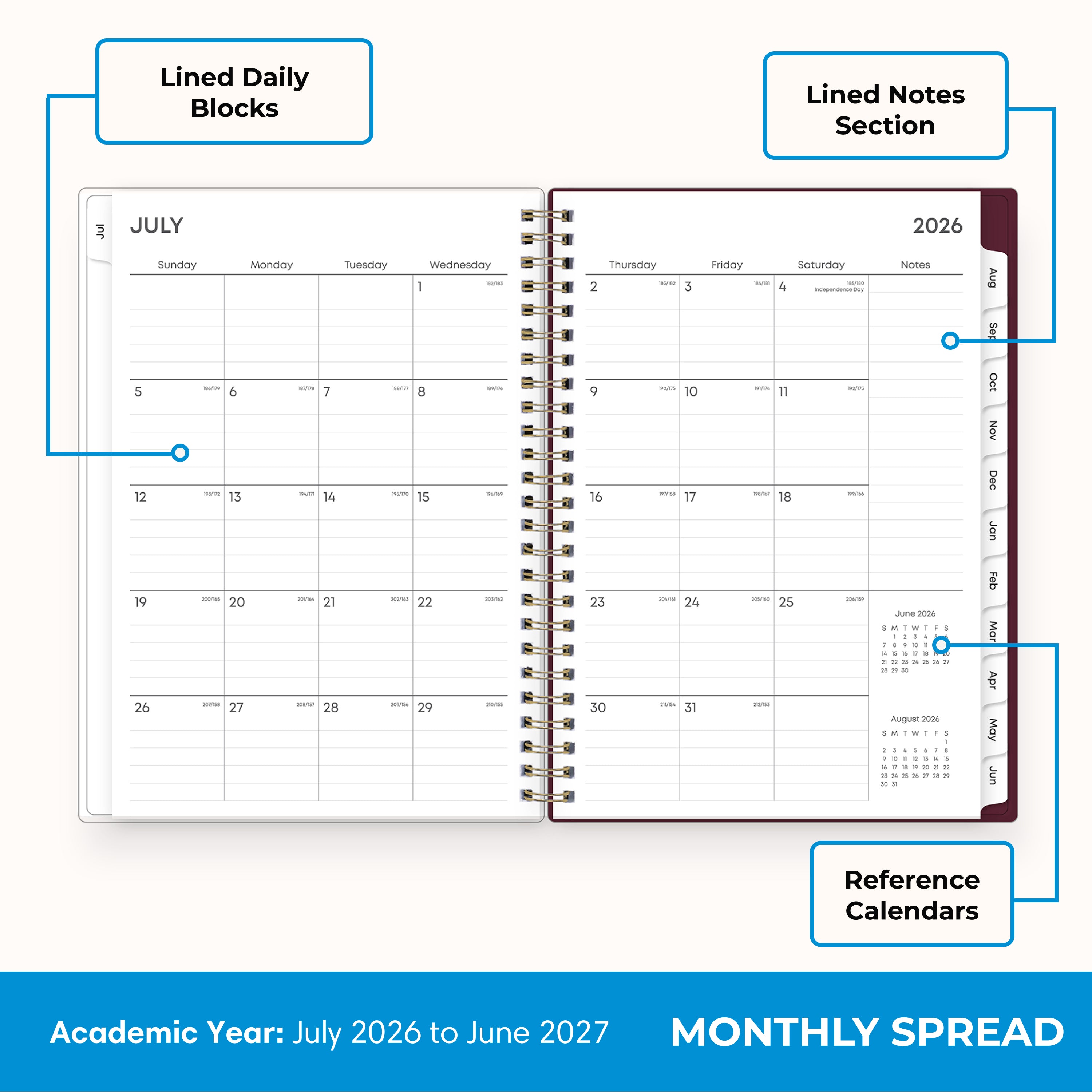 monthly spread featuring ample lined writing space, notes section, and reference calendars.