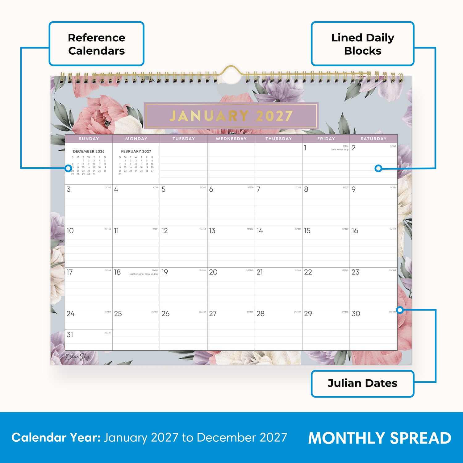 floral pattern bordering this 15x12 bl8ue sky 2027 planner with lined writing space for each day and reference calendars
