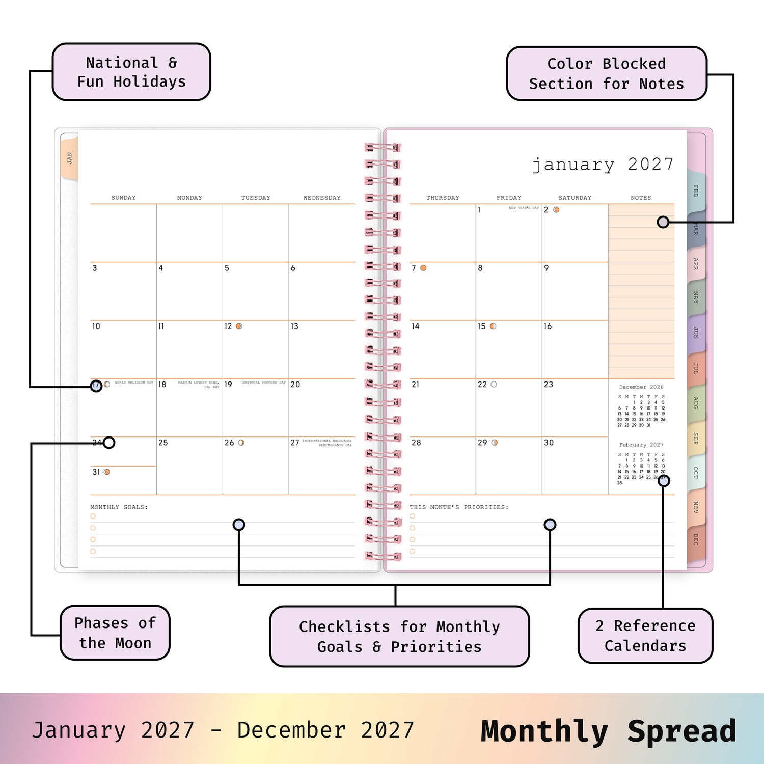 2027 monthly spread featuring ample lined writing space for each date, notes section, reference calendars, and monthly tabs