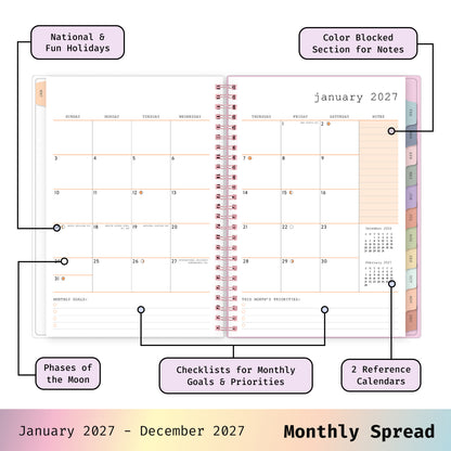 2027 monthly spread featuring ample lined writing space for each date, notes section, reference calendars, and monthly tabs