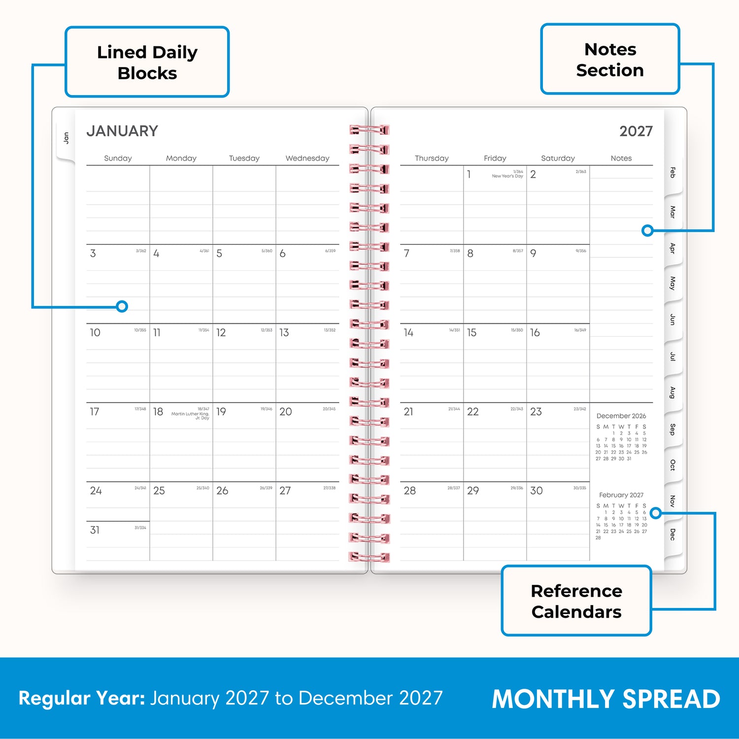 2027 monthly spread featuring ample lined writing space for each date, notes section, reference calendars, and monthly tabs