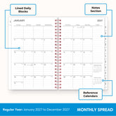 2027 monthly spread featuring ample lined writing space for each date, notes section, reference calendars, and monthly tabs