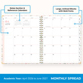 this july 2026 - june 2027 planner features a monthly spread with ample writing space for each day, monthly reference calendar, sections for note taking, bullet points, and check lists.
