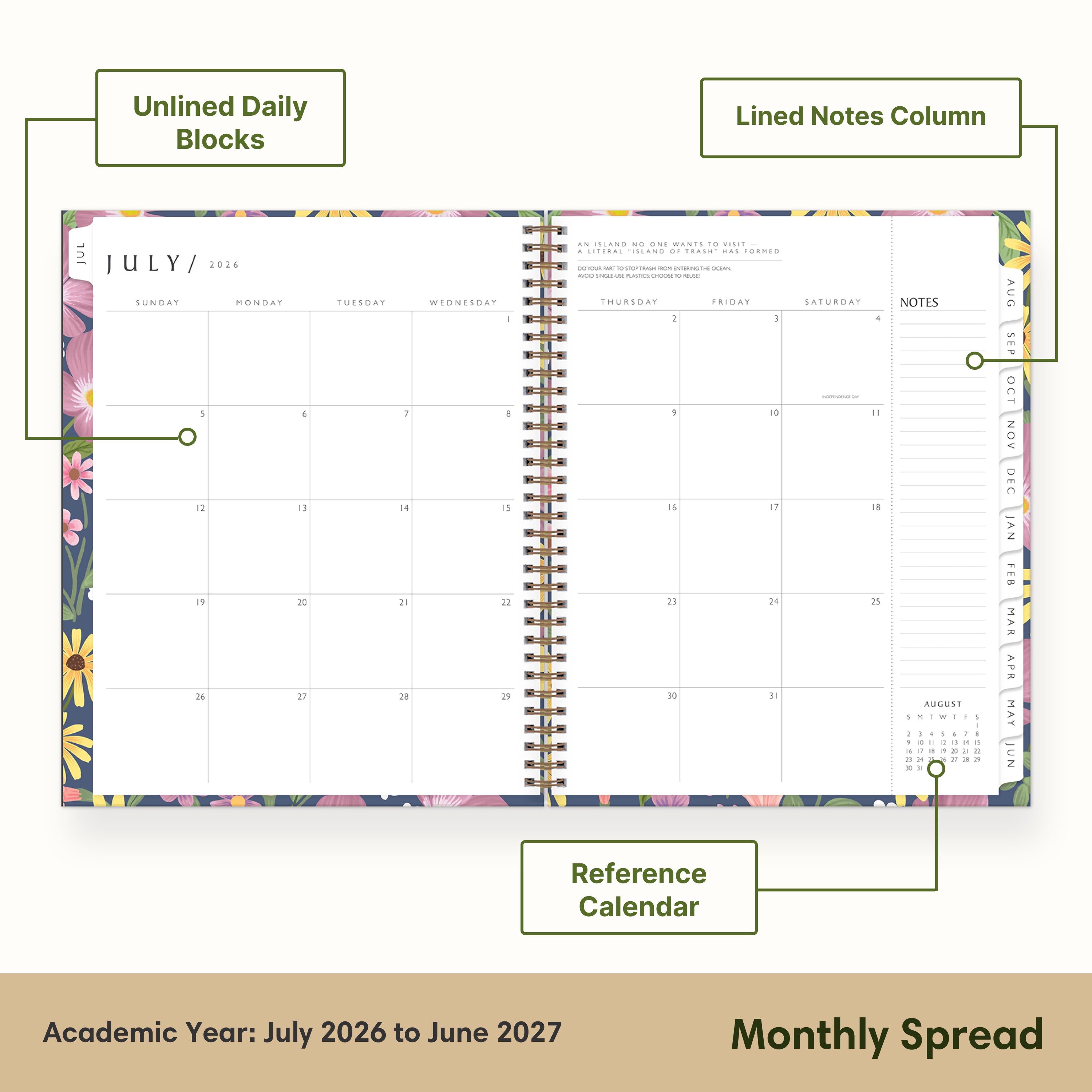 this july 2026 - june 2027 planner features a monthly spread with ample writing space for each day, monthly reference calendar, sections for note taking, bullet points, and check lists.
