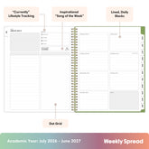this july 2026 - june 2027 planner features a monthly spread with ample writing space for each day, monthly reference calendar, sections for note taking, bullet points, and check lists.

