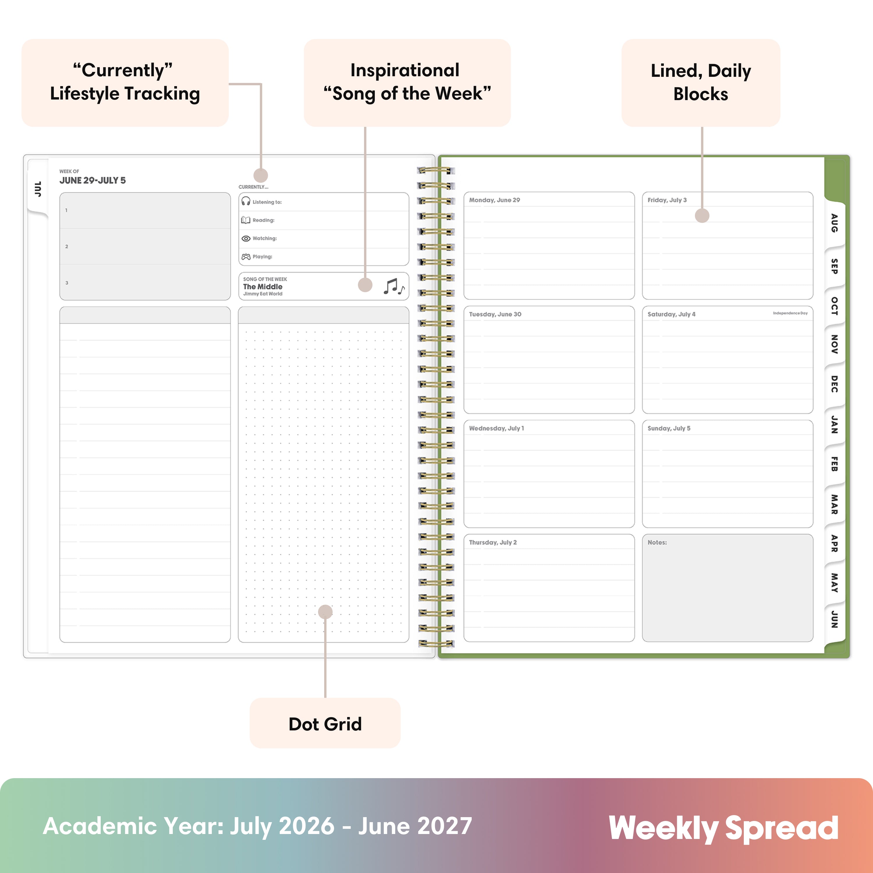 this july 2026 - june 2027 planner features a monthly spread with ample writing space for each day, monthly reference calendar, sections for note taking, bullet points, and check lists.
