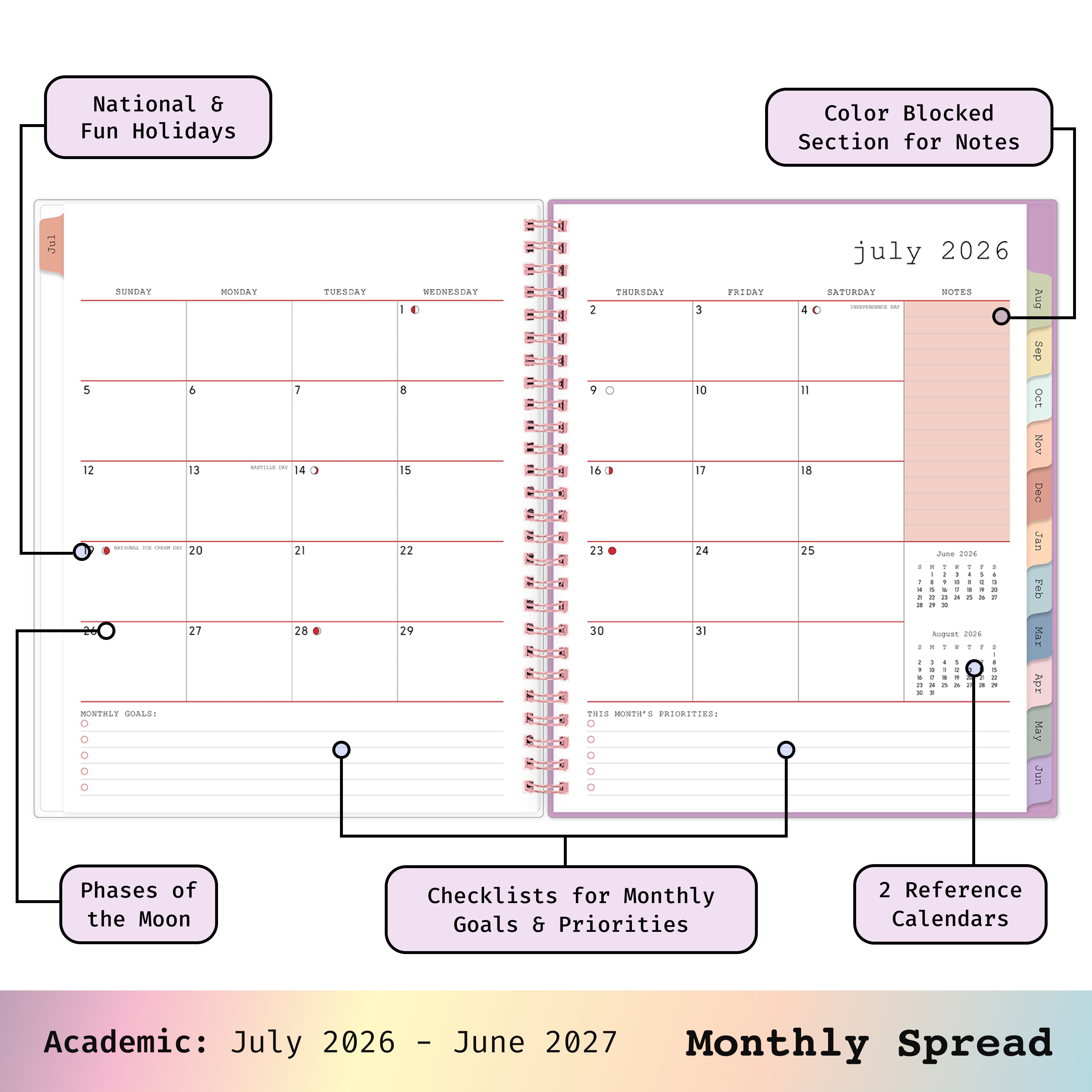 this july 2026 - june 2027 planner features a monthly spread with ample writing space for each day, monthly reference calendar, sections for note taking, bullet points, and check lists.
