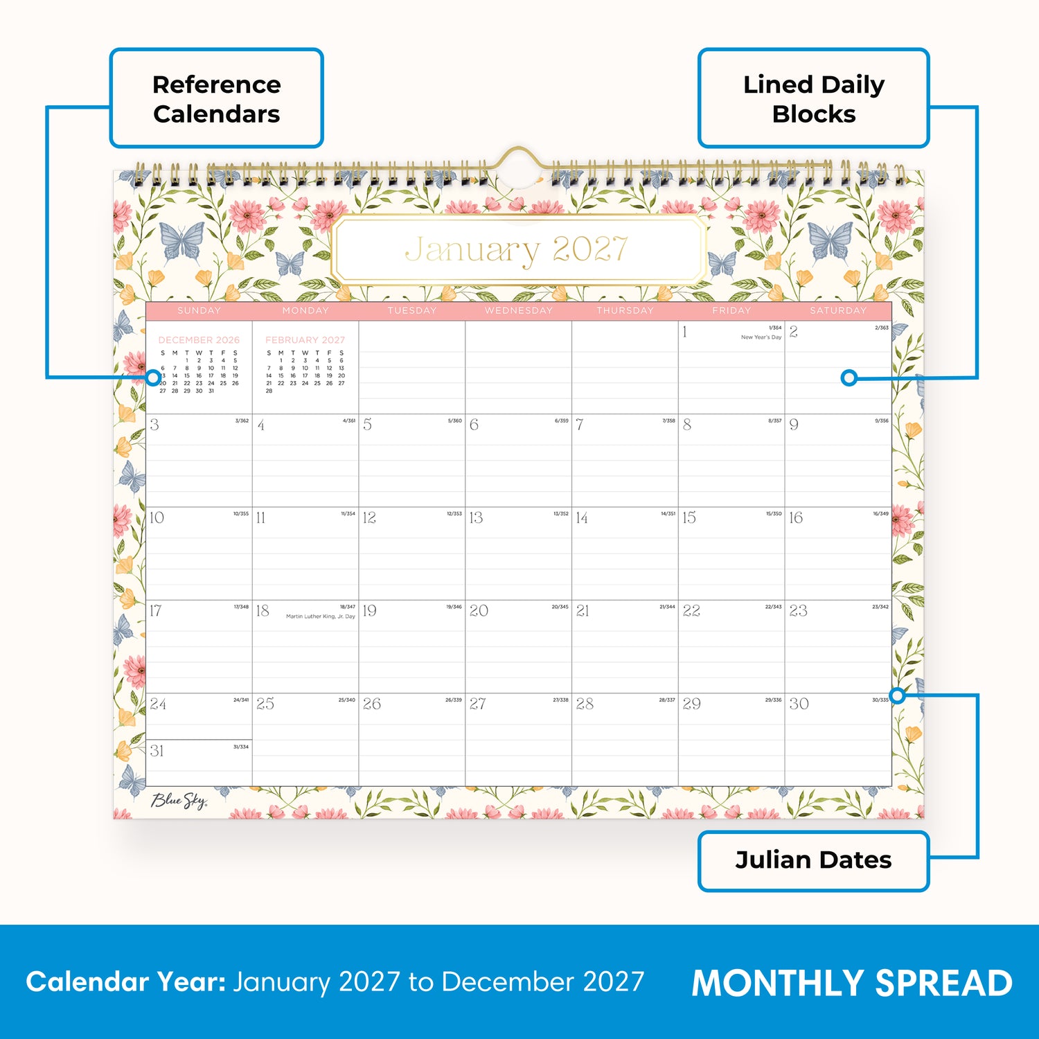 Floral and butterfly design calendar for January 2027 on a white background in 15x12 size with lined writing space and reference calendars