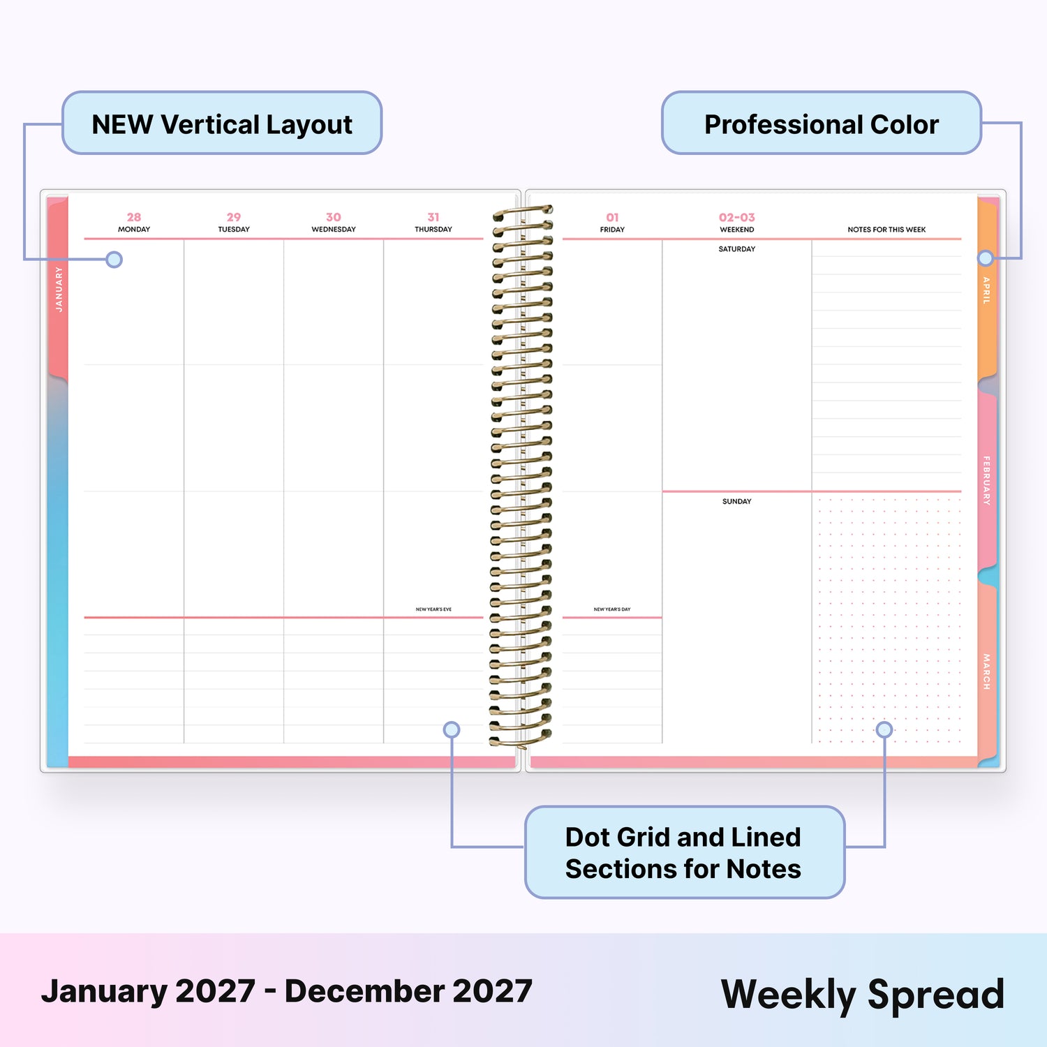 Weekly planner with new vertical layout and full spectrum color design, featuring dot grid and lined sections for notes with ample writing space