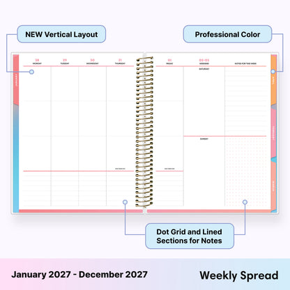 Weekly planner with new vertical layout and full spectrum color design, featuring dot grid and lined sections for notes with ample writing space