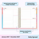 january 2027 to december 2027 daily monthly planner featuring daily spread with 1 hour increments, lined notes section, multi colored monthly tabs, and dot matrix for notes