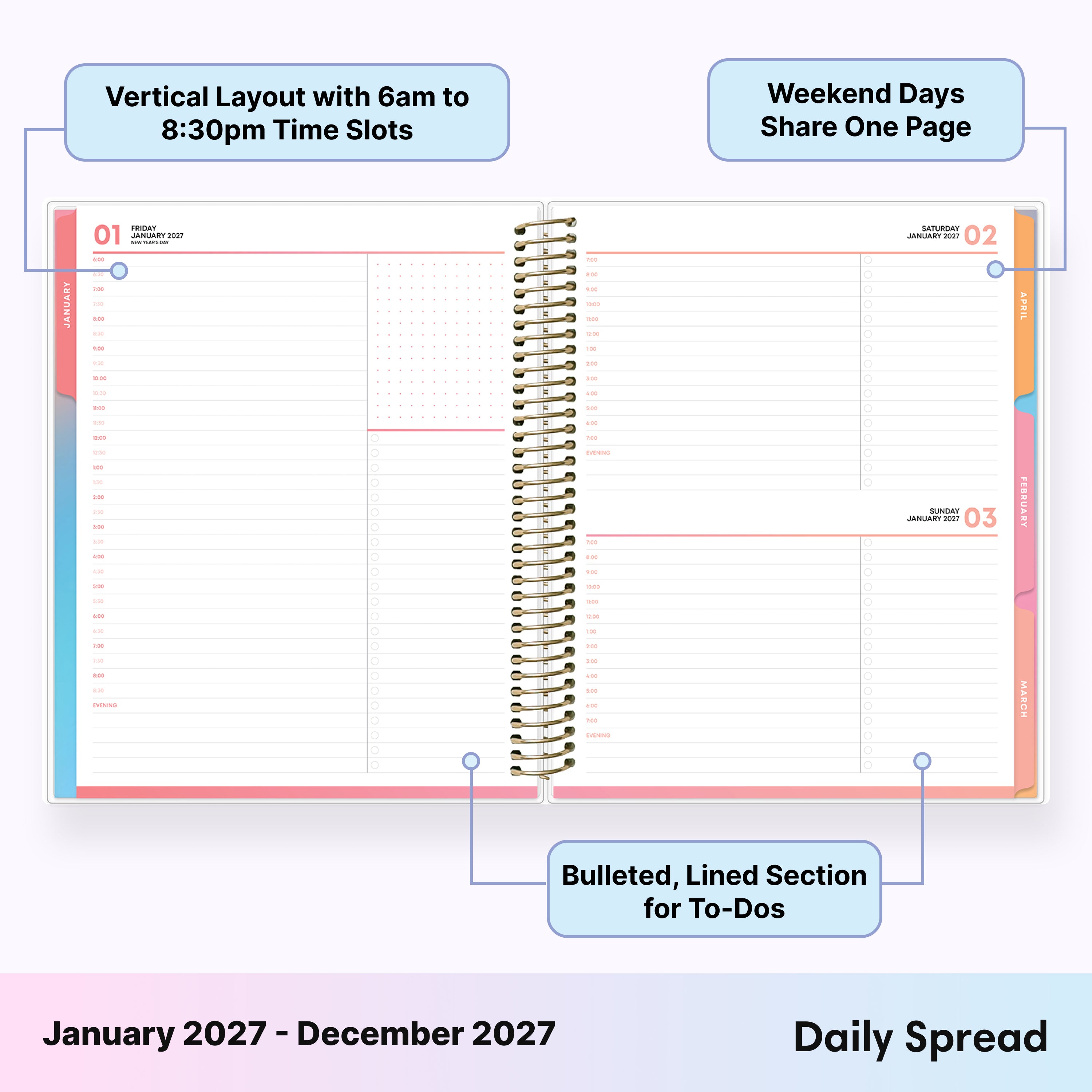 january 2027 to december 2027 daily monthly planner featuring daily spread with 1 hour increments, lined notes section, multi colored monthly tabs, and dot matrix for notes