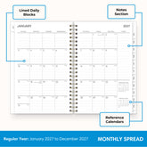 2027 monthly spread featuring ample lined writing space for each date, notes section, reference calendars, and monthly tabs