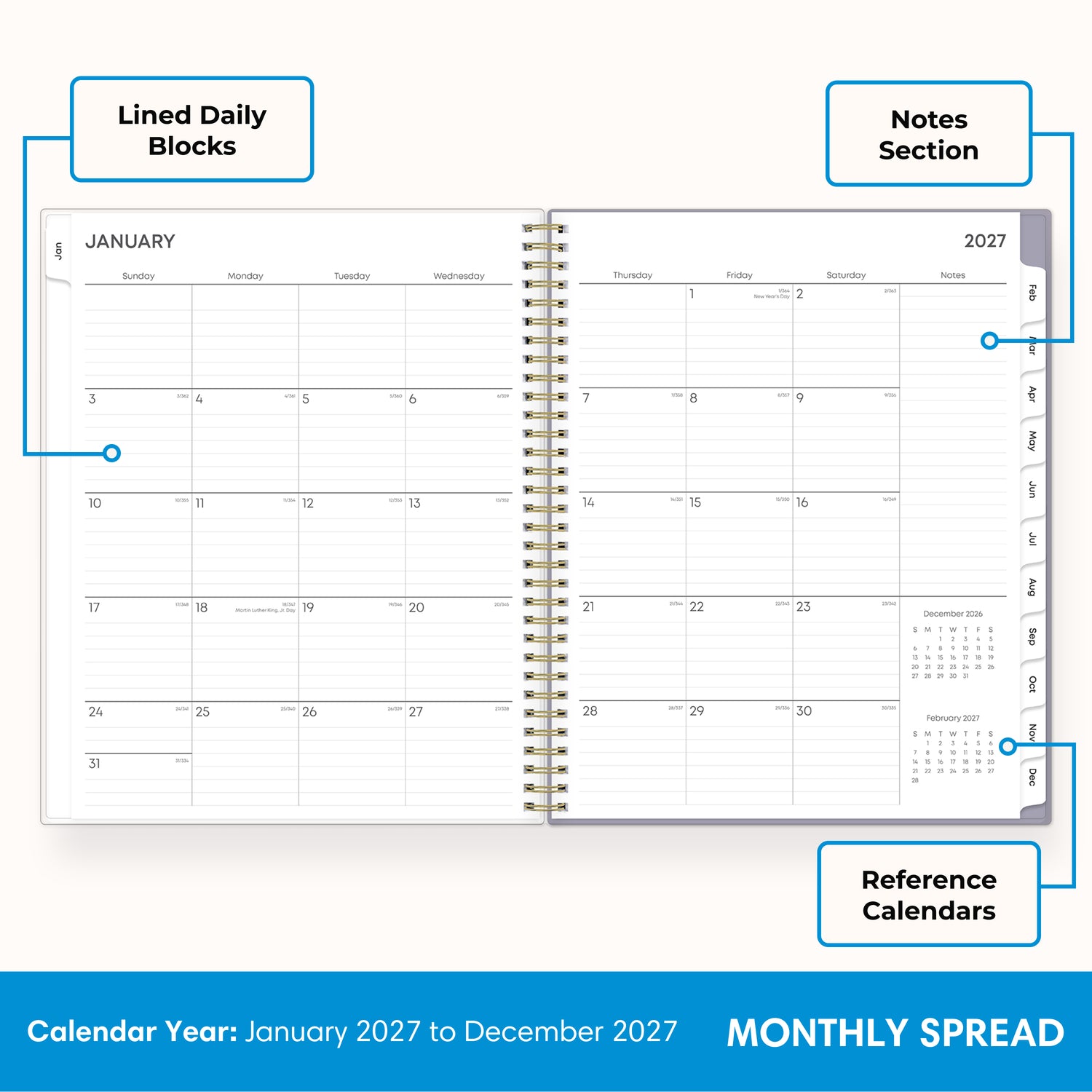 2027 monthly spread featuring ample lined writing space for each date, notes section, reference calendars, and monthly tabs