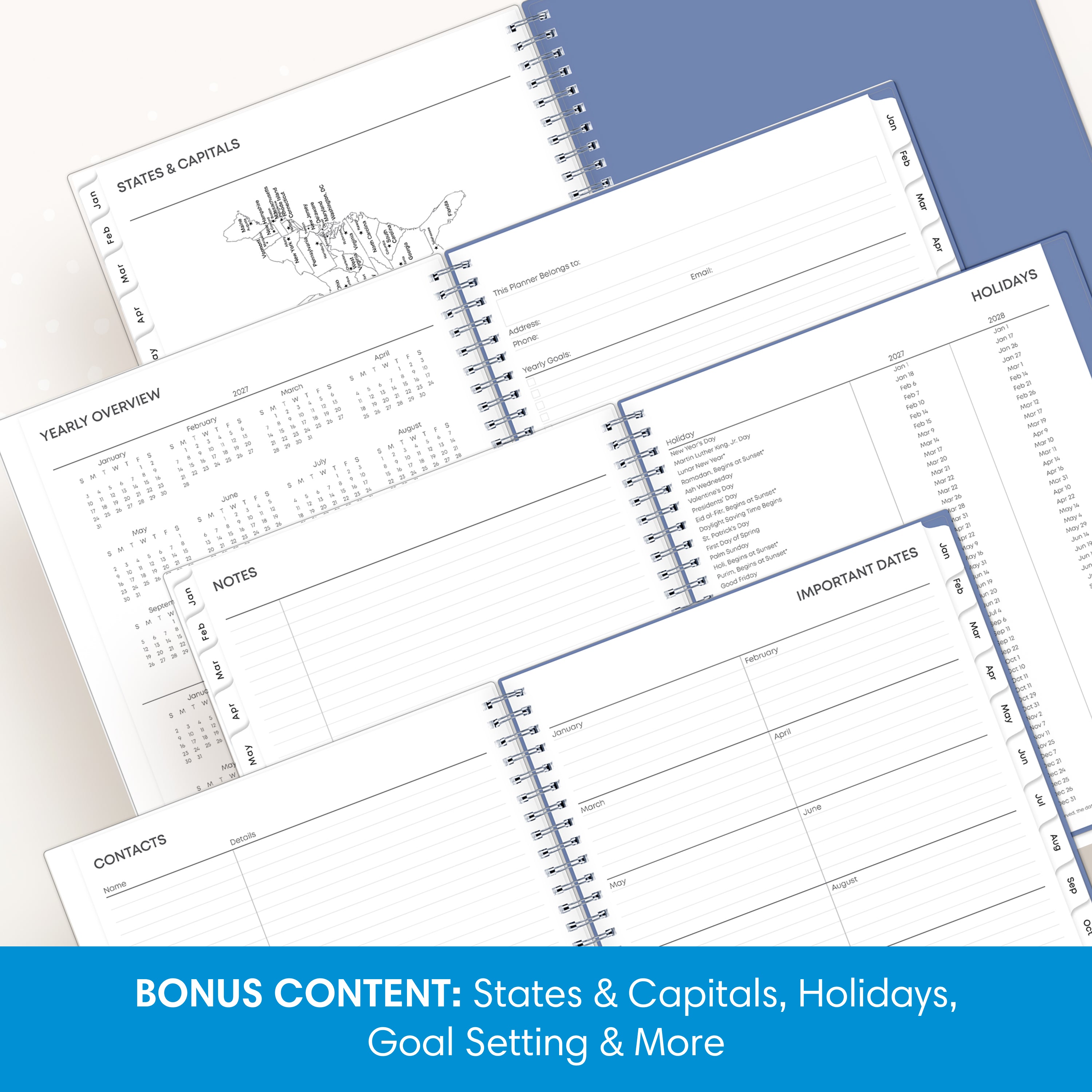 planner includes yearly overview, contacts, important dates, and holidays list
