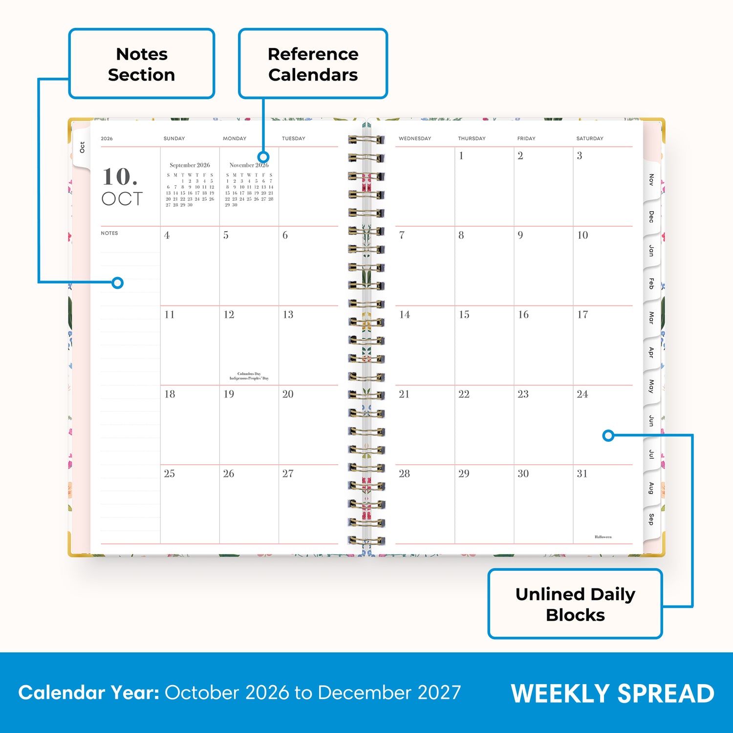 2027 monthly spread featuring ample lined writing space for each date, notes section, reference calendars, and monthly tabs