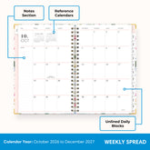 2027 monthly spread featuring ample lined writing space for each date, notes section, reference calendars, and monthly tabs