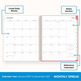 2027 monthly spread featuring ample lined writing space for each date, notes section, reference calendars, and monthly tabs