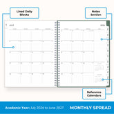this july 2026 - june 2027 planner features a monthly spread with ample writing space for each day, monthly reference calendar, sections for note taking, bullet points, and check lists.
