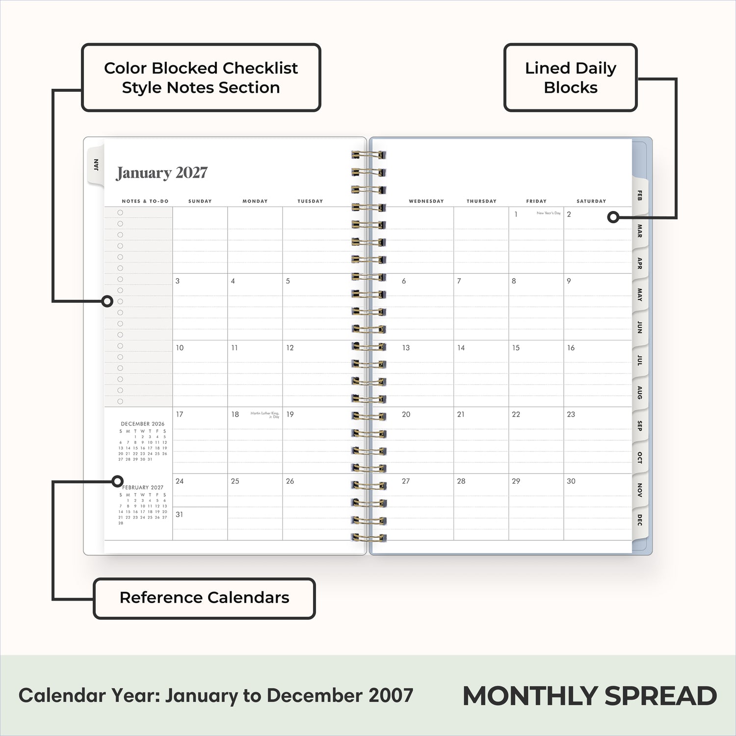 2027 monthly spread featuring ample lined writing space for each date, notes section, reference calendars, and monthly tabs