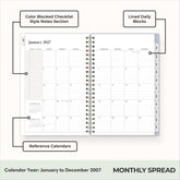 2027 monthly spread featuring ample lined writing space for each date, notes section, reference calendars, and monthly tabs