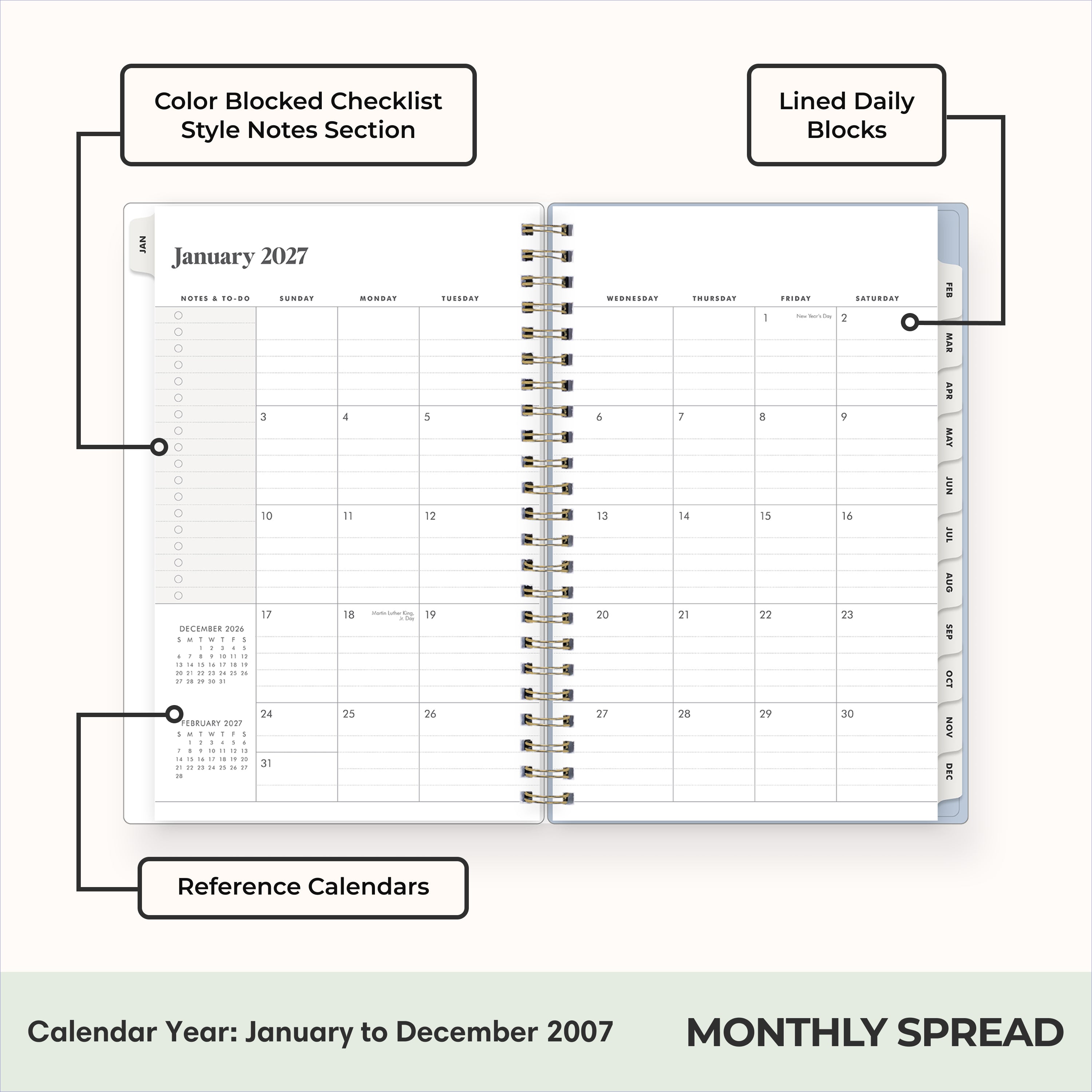 2027 monthly spread featuring ample lined writing space for each date, notes section, reference calendars, and monthly tabs