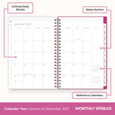 2027 monthly spread featuring ample lined writing space for each date, notes section, reference calendars, and monthly tabs