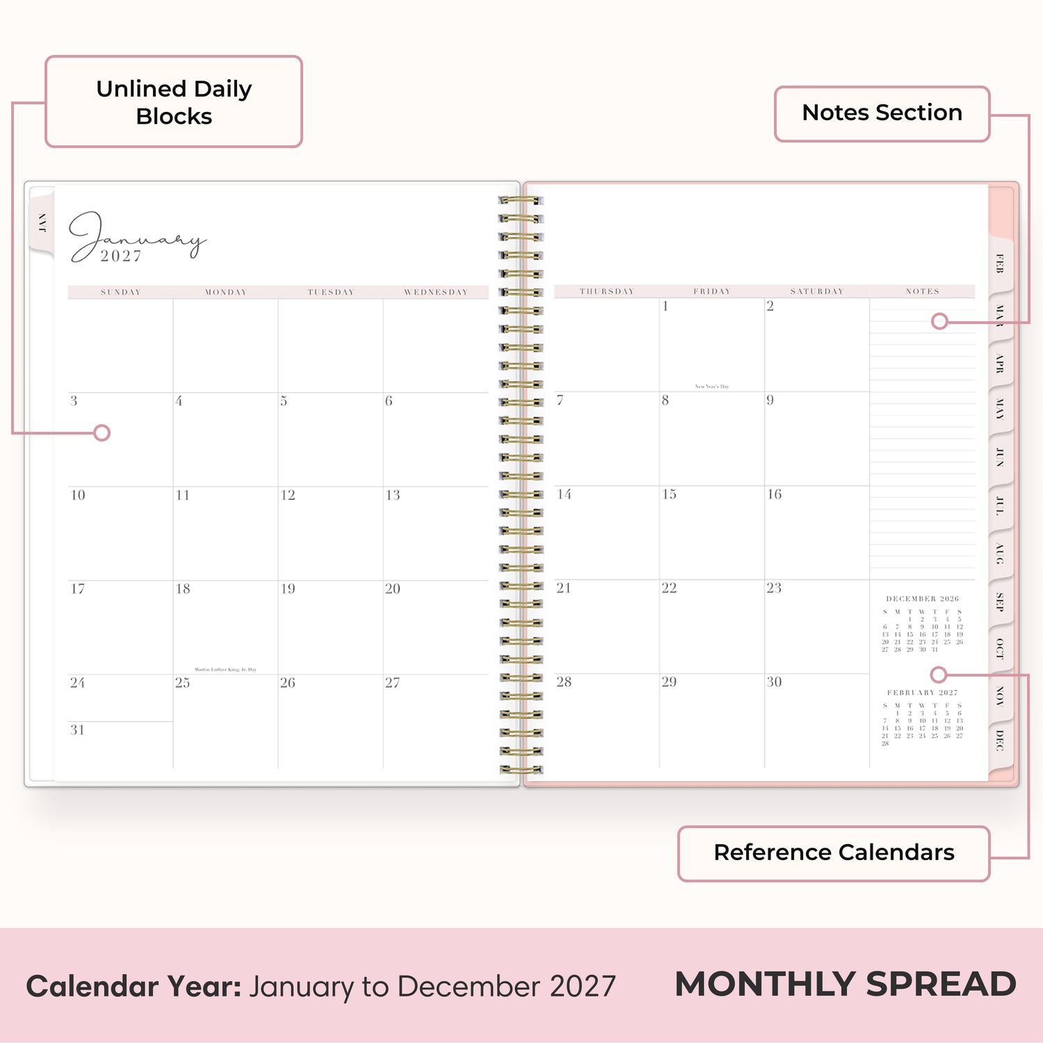 2027 monthly spread featuring ample lined writing space for each date, notes section, reference calendars, and monthly tabs