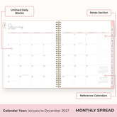 2027 monthly spread featuring ample lined writing space for each date, notes section, reference calendars, and monthly tabs