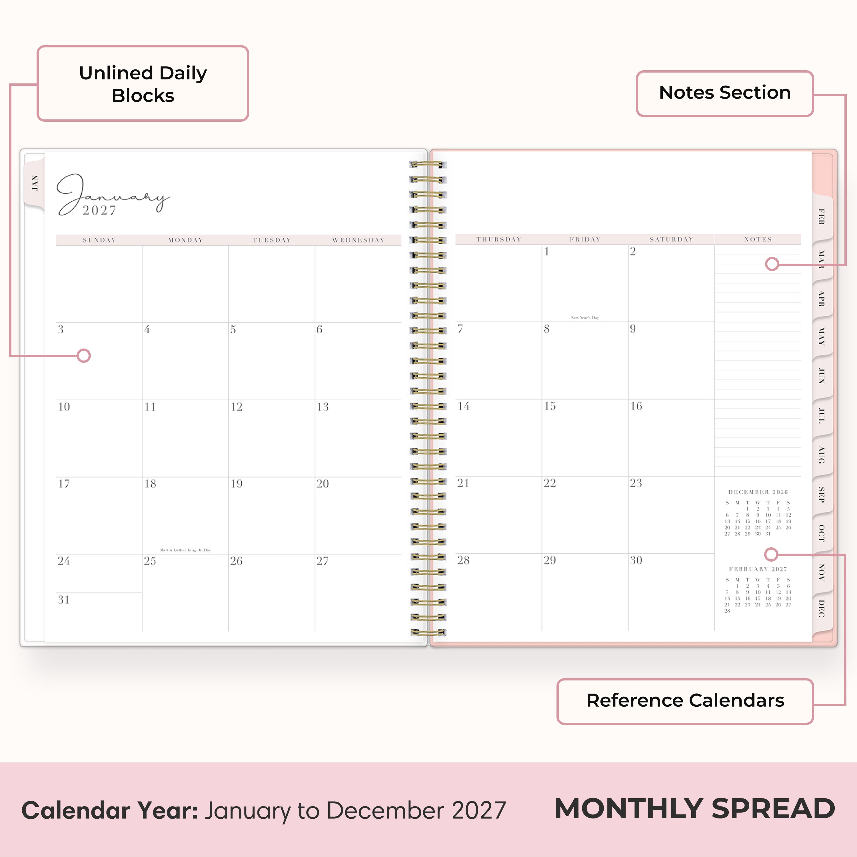 2027 monthly spread featuring ample lined writing space for each date, notes section, reference calendars, and monthly tabs