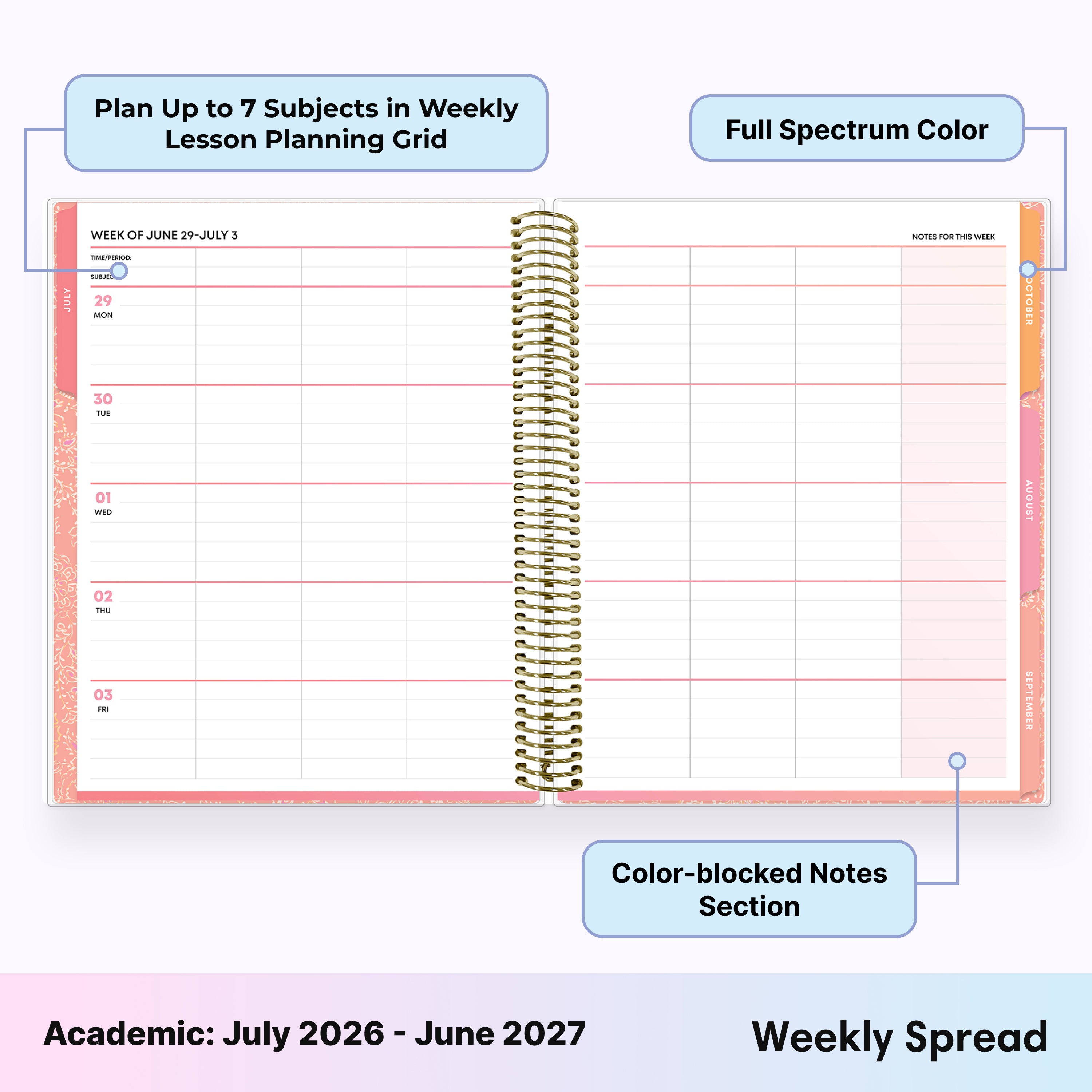 this july 2026 - june 2027 planner features a monthly spread with ample writing space for each day, monthly reference calendar, sections for note taking, bullet points, and check lists.
