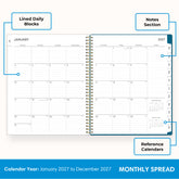 2027 monthly spread featuring ample lined writing space for each date, notes section, reference calendars, and monthly tabs