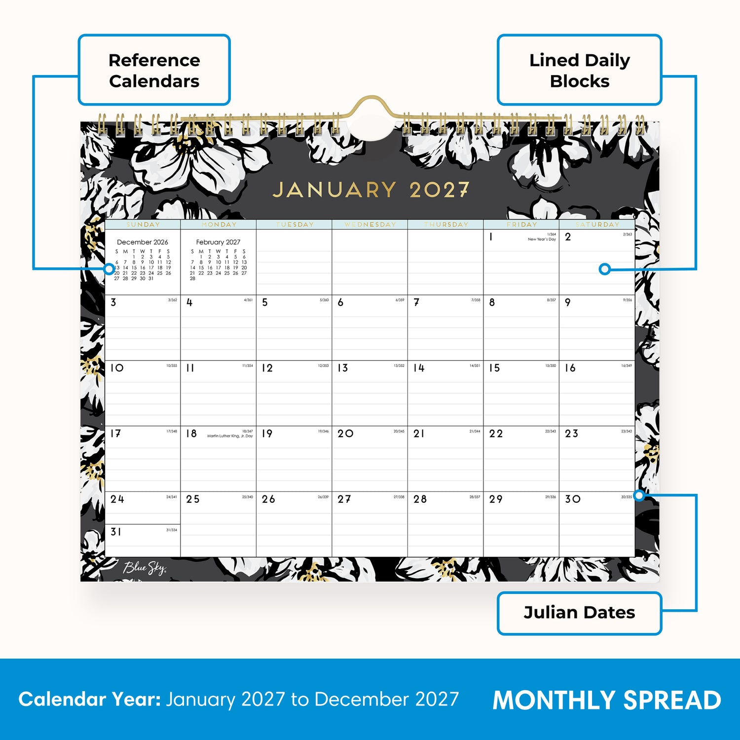 floral border on this january 2027 - december 2027 wall calendar lined writing space, reference calendars