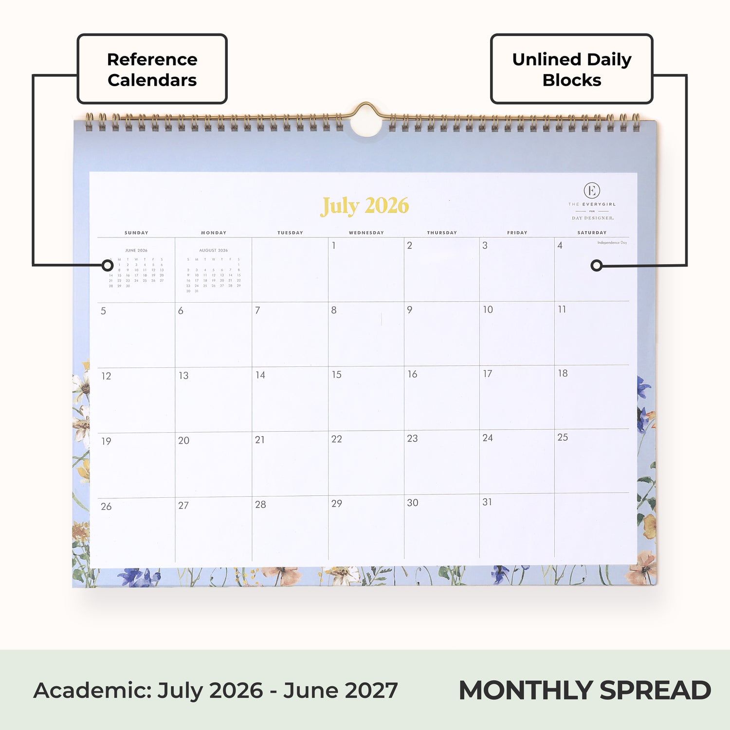 Calendar for July 2026-June 2027 with floral design and motivational stickers on a white background, ample blank writing space and reference calendars