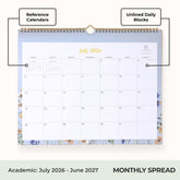 Calendar for July 2026-June 2027 with floral design and motivational stickers on a white background, ample blank writing space and reference calendars