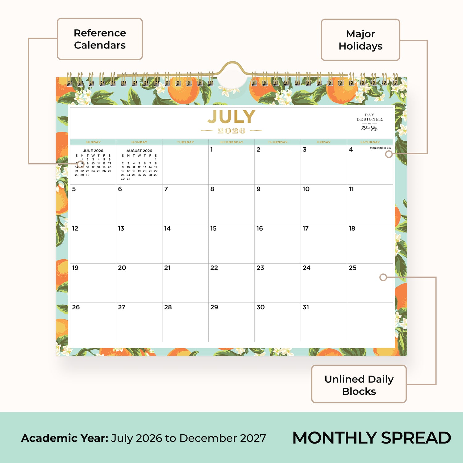 2026-2027 monthly calendar with blocks for each date featuring oranges and leaves border with reference months