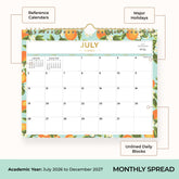 2026-2027 monthly calendar with blocks for each date featuring oranges and leaves border with reference months