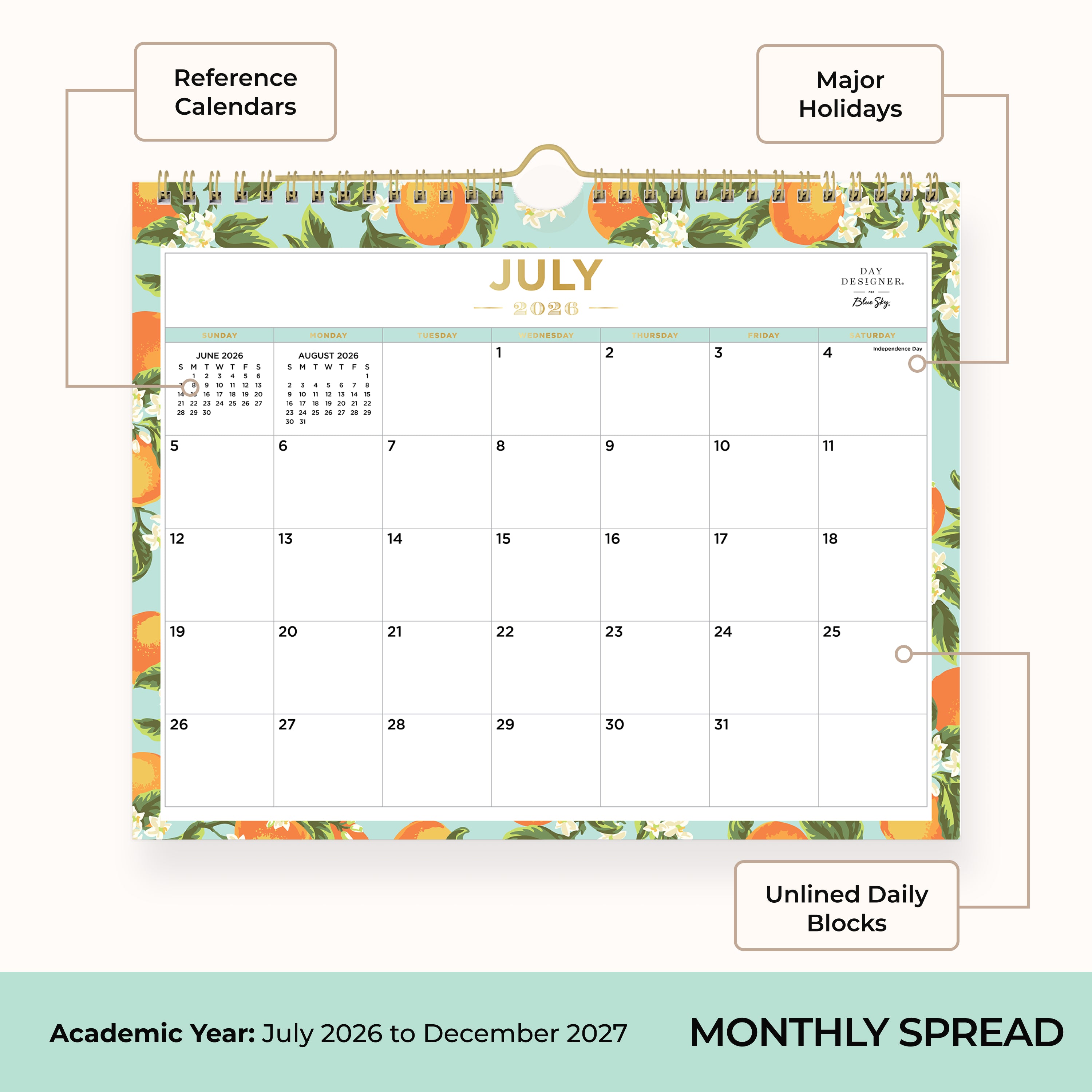 2026-2027 monthly calendar with blocks for each date featuring oranges and leaves border with reference months