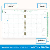 this july 2026 - june 2027 planner features a monthly spread with ample writing space for each day, monthly reference calendar, sections for note taking, bullet points, and check lists.
