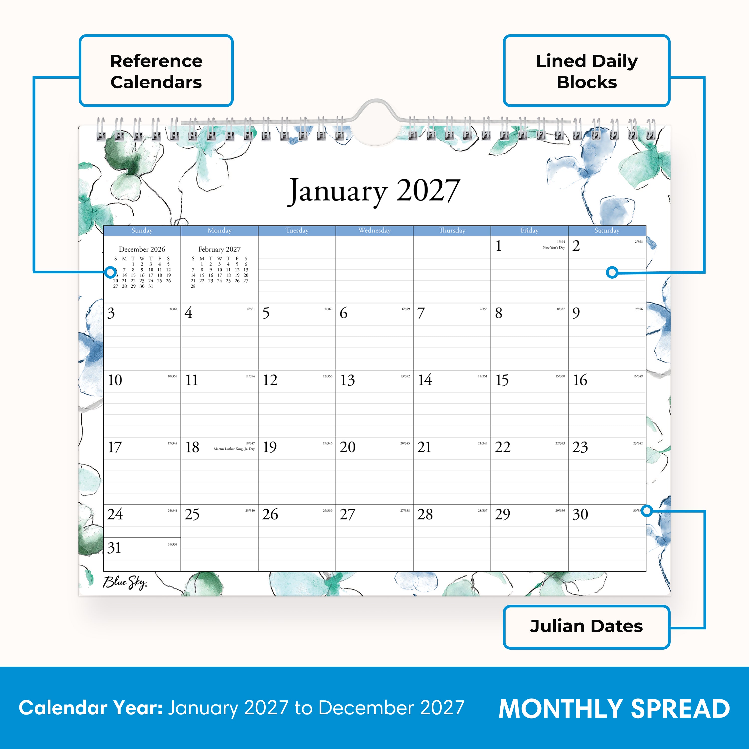january 2027 to december 2027 wall calendar in 11x8.75 size with lined writing space and reference calendars silver hook and binding