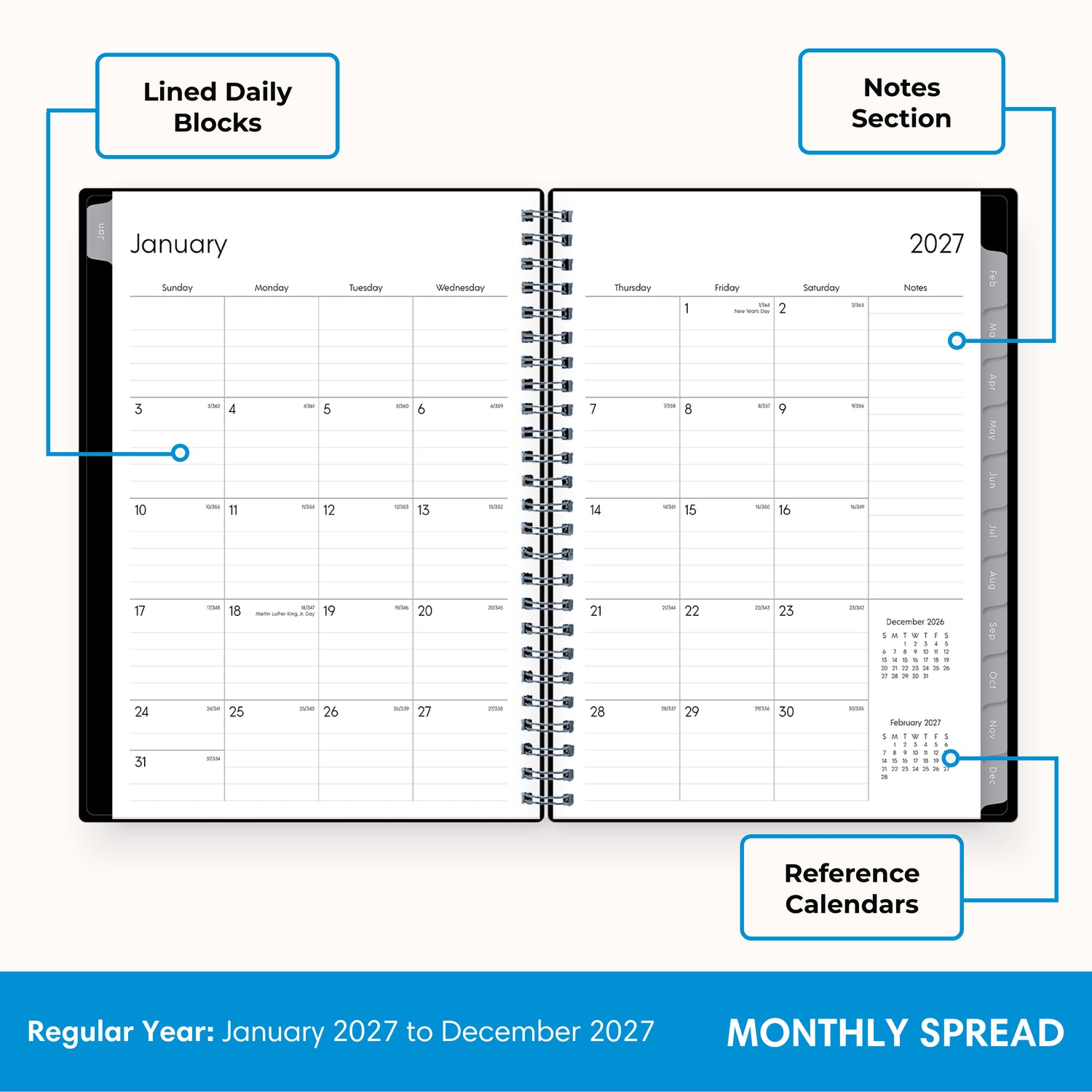 monthly spread for 2027 featuring lined writing space, lined notes section, and reference calendars