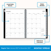 monthly spread for 2027 featuring lined writing space, lined notes section, and reference calendars