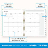this july 2026 - june 2027 planner features a monthly spread with ample writing space for each day, monthly reference calendar, sections for note taking, bullet points, and check lists.
