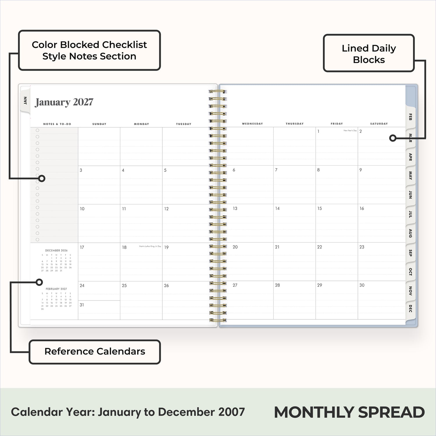 2027 monthly spread featuring ample lined writing space for each date, notes section, reference calendars, and monthly tabs