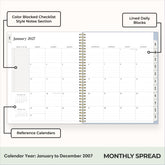 2027 monthly spread featuring ample lined writing space for each date, notes section, reference calendars, and monthly tabs