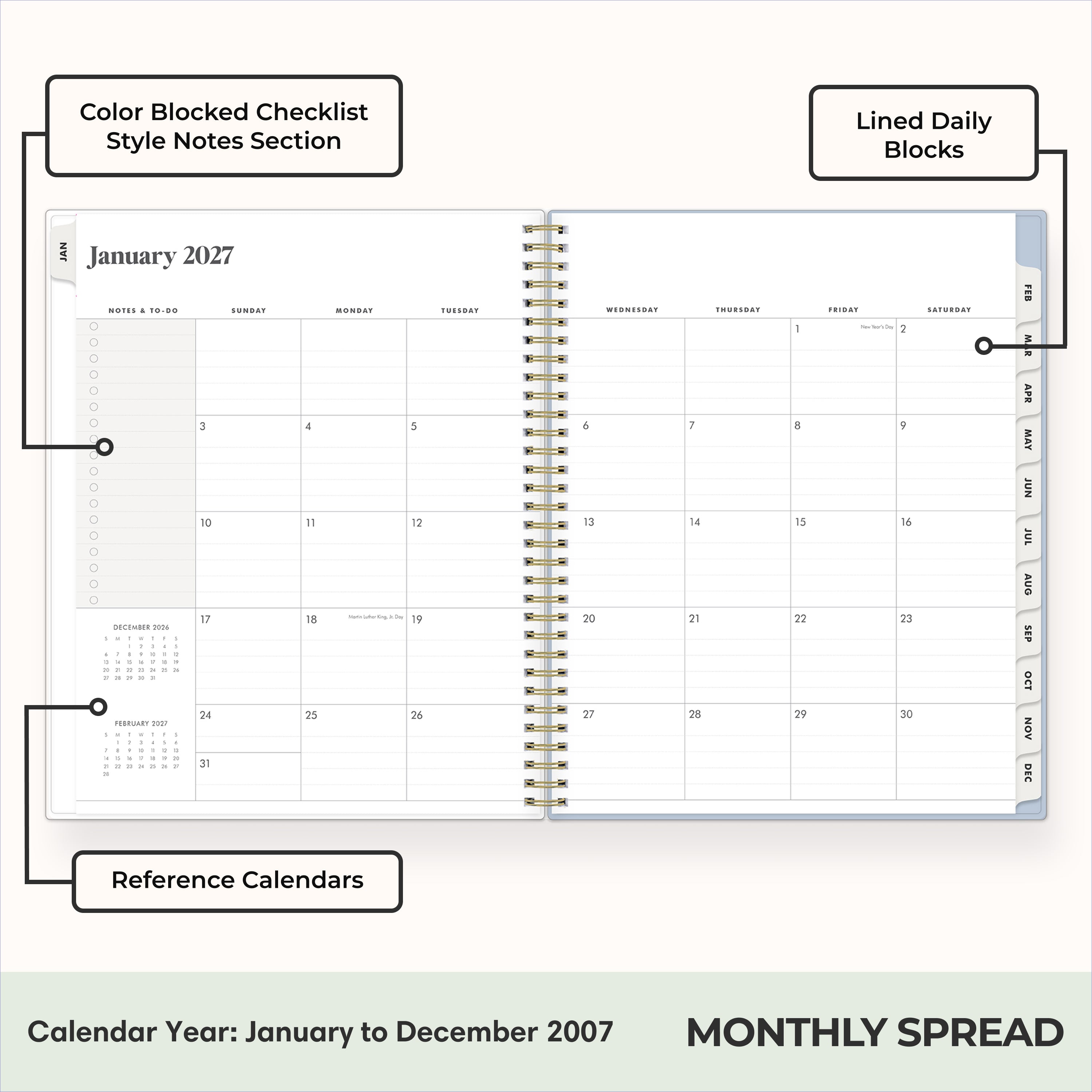 2027 monthly spread featuring ample lined writing space for each date, notes section, reference calendars, and monthly tabs